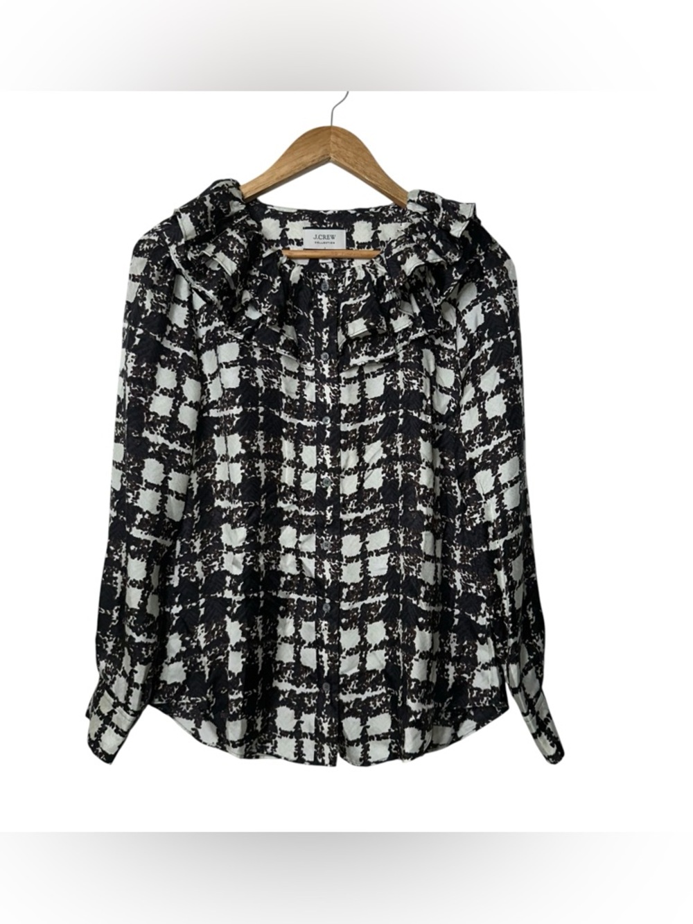 J Crew Collection Blouse XS Cream Brown Plaid Ruffle Collar Button Down Top Silk